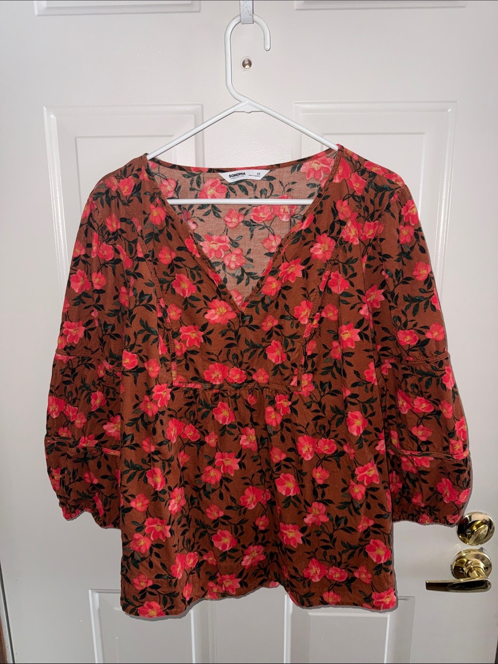Brown Floral Corduroy V-Neck Peasant Blouse with Pink Flowers